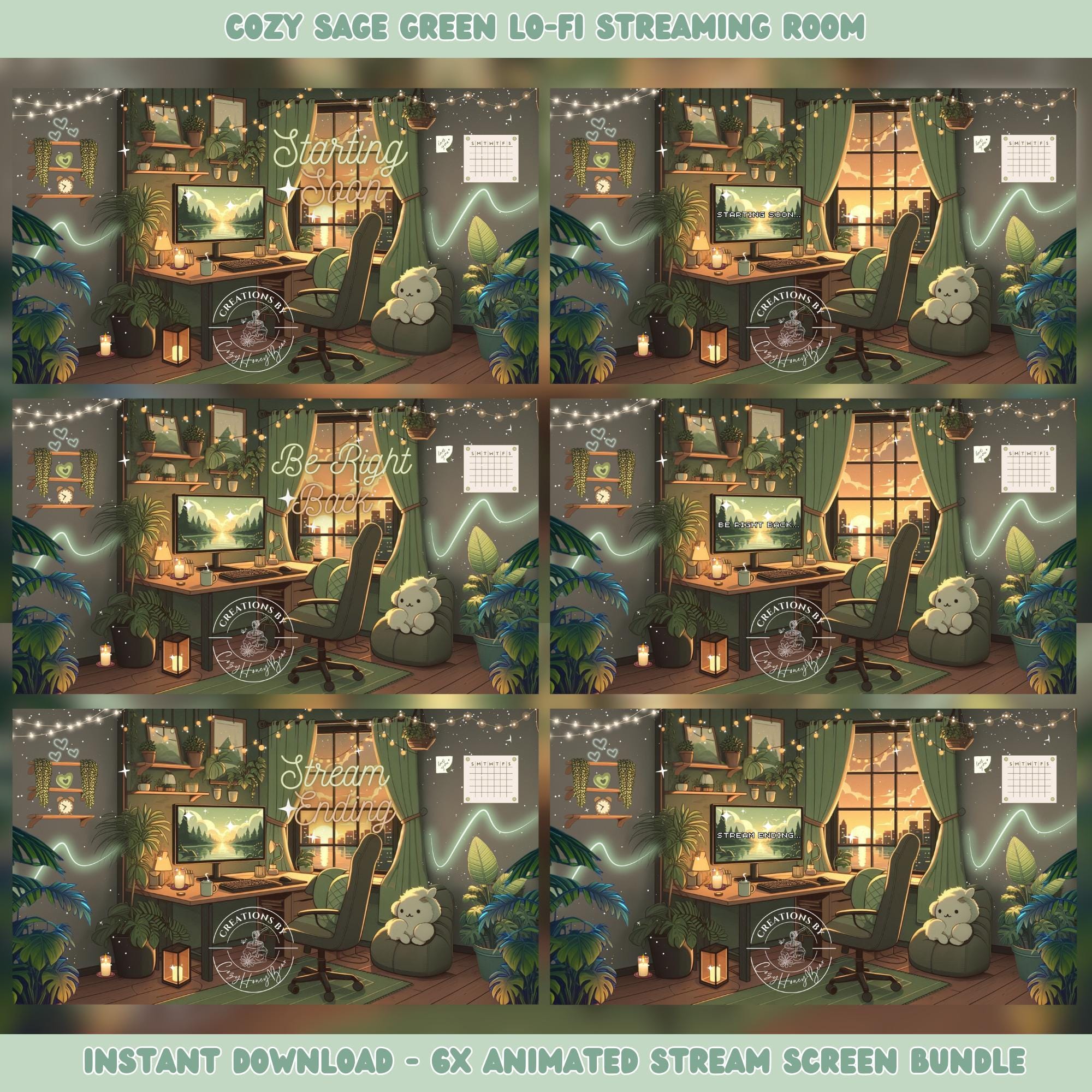 Cozy Sage Green Lo-fi Gaming Room Stream Screens (animated Digital ...