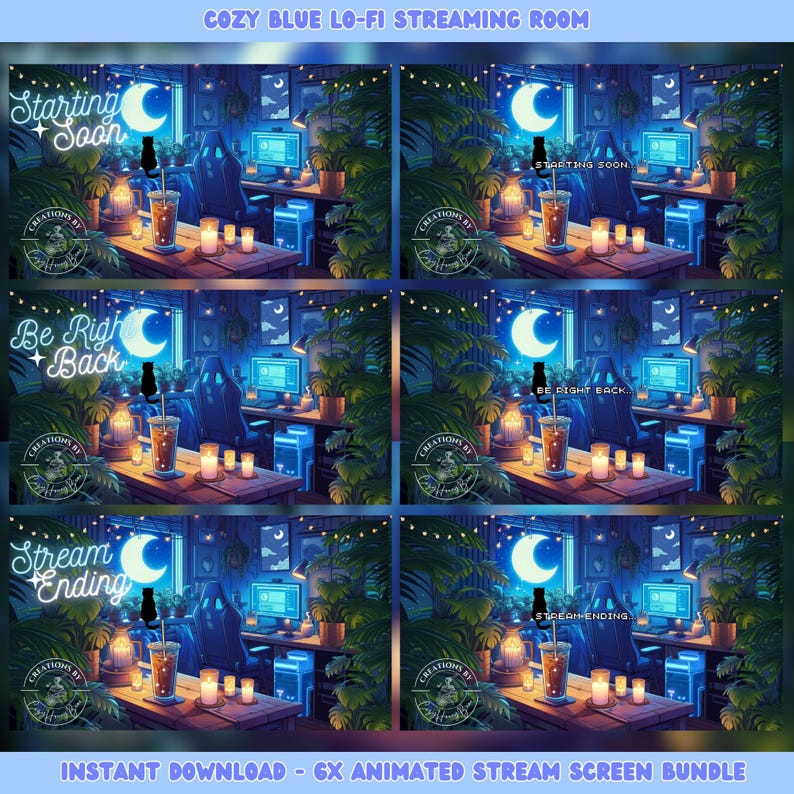 Puede incluir: Paquete de pantallas de transmisi&oacute;n animadas con un tema lo-fi azul y acogedor. Cada pantalla presenta una configuraci&oacute;n de juego con una computadora, plantas y velas. El texto incluye "Starting Soon", "Be Right Back" y "Stream Ending".