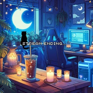 Puede incluir: Ilustraci&oacute;n de una habitaci&oacute;n acogedora con una configuraci&oacute;n de computadora, plantas y velas. Una gran luna creciente brilla a trav&eacute;s de la ventana. Se muestra el texto "STREAM ENDING...". Una silueta de gato negro est&aacute; en un palo.