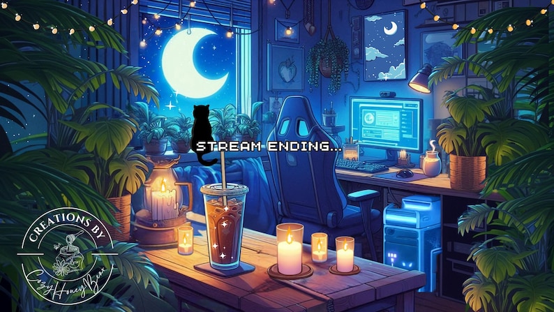Puede incluir: Ilustraci&oacute;n de una habitaci&oacute;n acogedora con una configuraci&oacute;n de computadora, plantas y velas. Una gran luna creciente brilla a trav&eacute;s de la ventana. Se muestra el texto "STREAM ENDING...". Una silueta de gato negro est&aacute; en un palo.