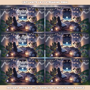 May include: A set of six animated stream screen overlays featuring a cozy white room with a gaming chair, plants, and string lights. The text on the screens includes "Starting Soon", "Be Right Back", and "Stream Ending".