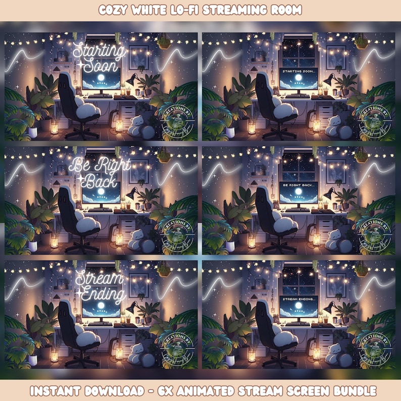 May include: A set of six animated stream screen overlays featuring a cozy white room with a gaming chair, plants, and string lights. The text on the screens includes "Starting Soon", "Be Right Back", and "Stream Ending".