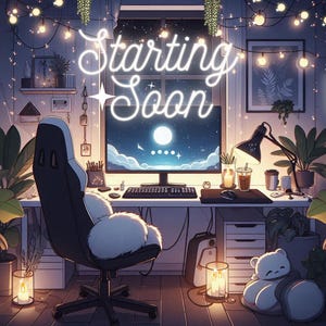 May include: A cozy, dimly lit room with a computer desk, a gaming chair, and plants. The computer screen displays a night sky with the words "Starting Soon" in neon lights. The room is decorated with string lights and a plush panda bear.