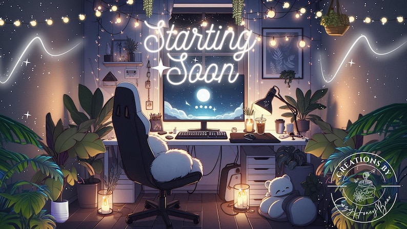 May include: A cozy, dimly lit room with a computer desk, a gaming chair, and plants. The computer screen displays a night sky with the words "Starting Soon" in neon lights. The room is decorated with string lights and a plush panda bear.