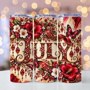 July Birthstone Tumbler Wrap PNG, Ruby Floral Butterfly Design, 20oz Skinny Tumbler Sublimation, July Birthday Gift