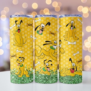 May include: Three yellow tumblers featuring Pluto, the Disney cartoon dog. The tumblers have a yellow background with paw prints, bones, and Pluto illustrations. The bottom of each tumbler has a green glitter design.