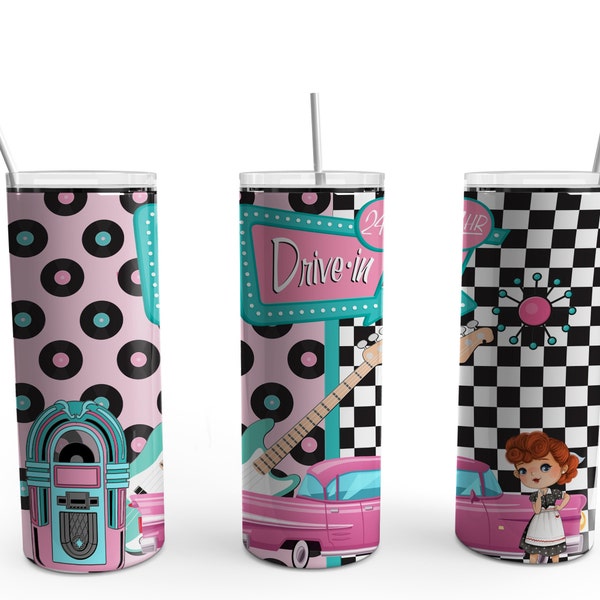 I love retro, 20oz tumbler, 50's drive in, 50's diner, gift for mom, gift for friend, custom tumbler, skinny tumbler, I love the 50's cup