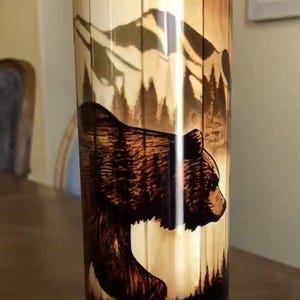Faux woodgrain effect bear tumbler, hunter cup, travel mug, coffee cup, custom tumbler, personalized tumbler, wildlife tumbler, bear tumbler