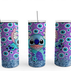 May include: Three stainless steel tumblers with a purple and blue eye pattern and a cartoon blue character with large eyes. The tumblers have a blue glitter bottom.