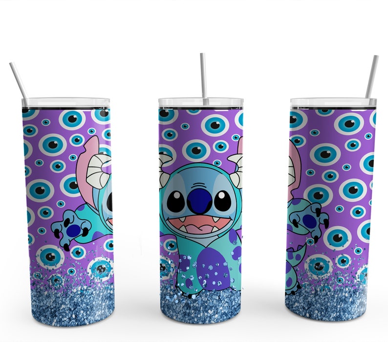 May include: Three stainless steel tumblers with a purple and blue eye pattern and a cartoon blue character with large eyes. The tumblers have a blue glitter bottom.