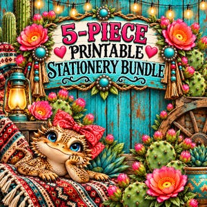 Puede incluir: Un letrero de paquete de papelería imprimible de 5 piezas con tablones de madera turquesa, flores rosas, cactus, una linterna y un lagarto de dibujos animados con un lazo de bandana rojo. El texto dice 5-PIECE PRINTABLE STATIONERY BUNDLE.