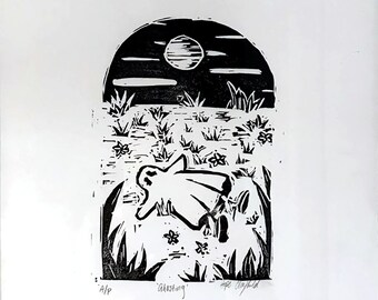 Grabado en linóleo de fantasmas - Arte de fantasmas hecho a mano, 8x10 pulgadas, sin marco
