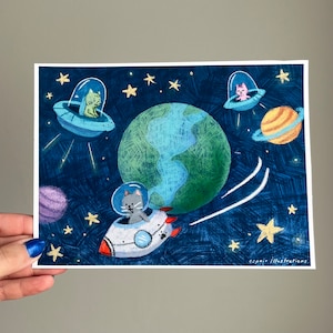 Space Cat | Illustrierter Kunstdruck | Niedliche Wandkunst | Mehrere Größen | Katzenliebhaber Dekor | Digitale Textur Katze Kunst