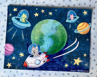 満月の猫のプリント | 宇宙アート | 白い猫 | 宇宙アート | 月の