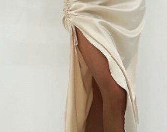 Sexy split ruched satin dress, Bodycon  midi satin dress, Elegnant party dress, Wedding dress