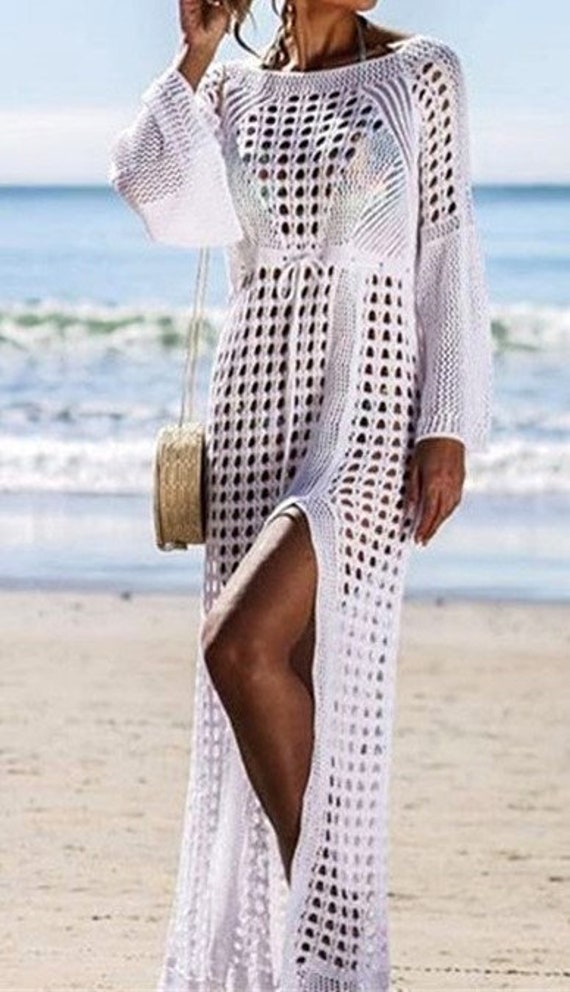 White Hollow Out Beach Dress White Knit 