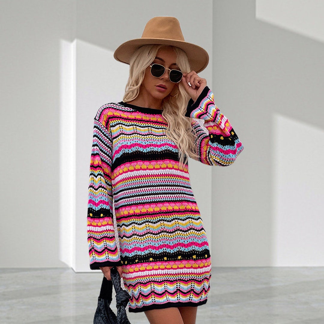 Rainbow Sweater Dress Rainbow Knit Dress Colorful Knit Dress Etsy