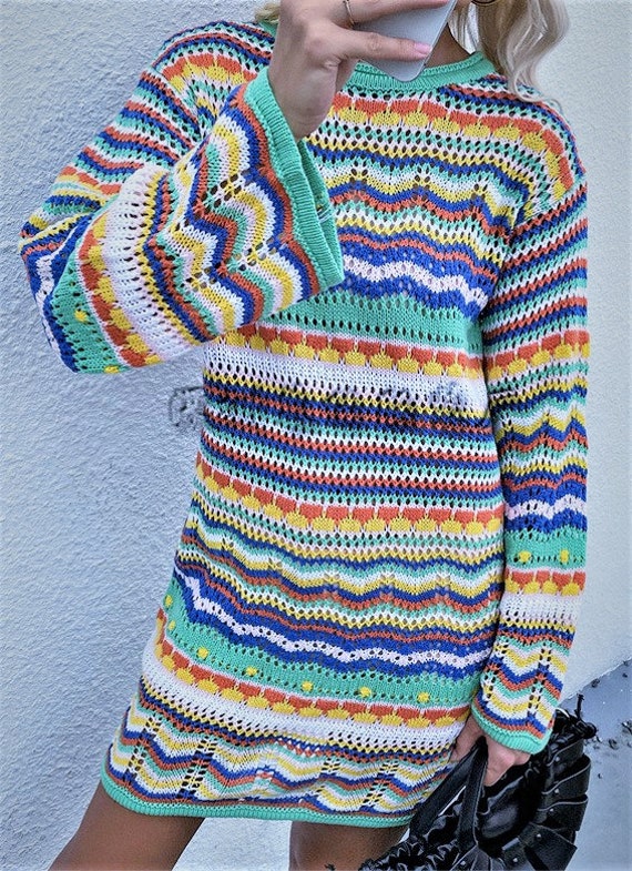 Rainbow Sweater Dress Rainbow Knit Dress Colorful Knit Dress Etsy