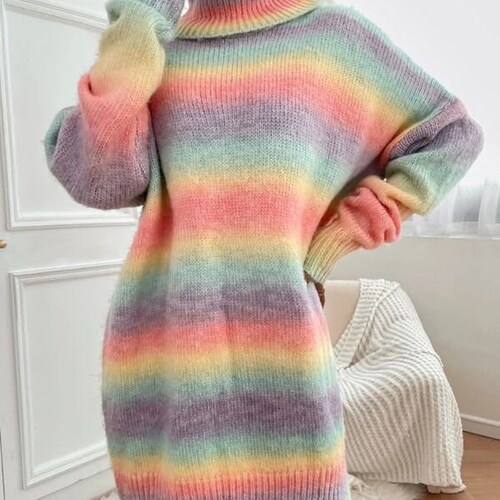 Y2K ombre knit loose sweater dress, Turtleneck rainbow knit dress