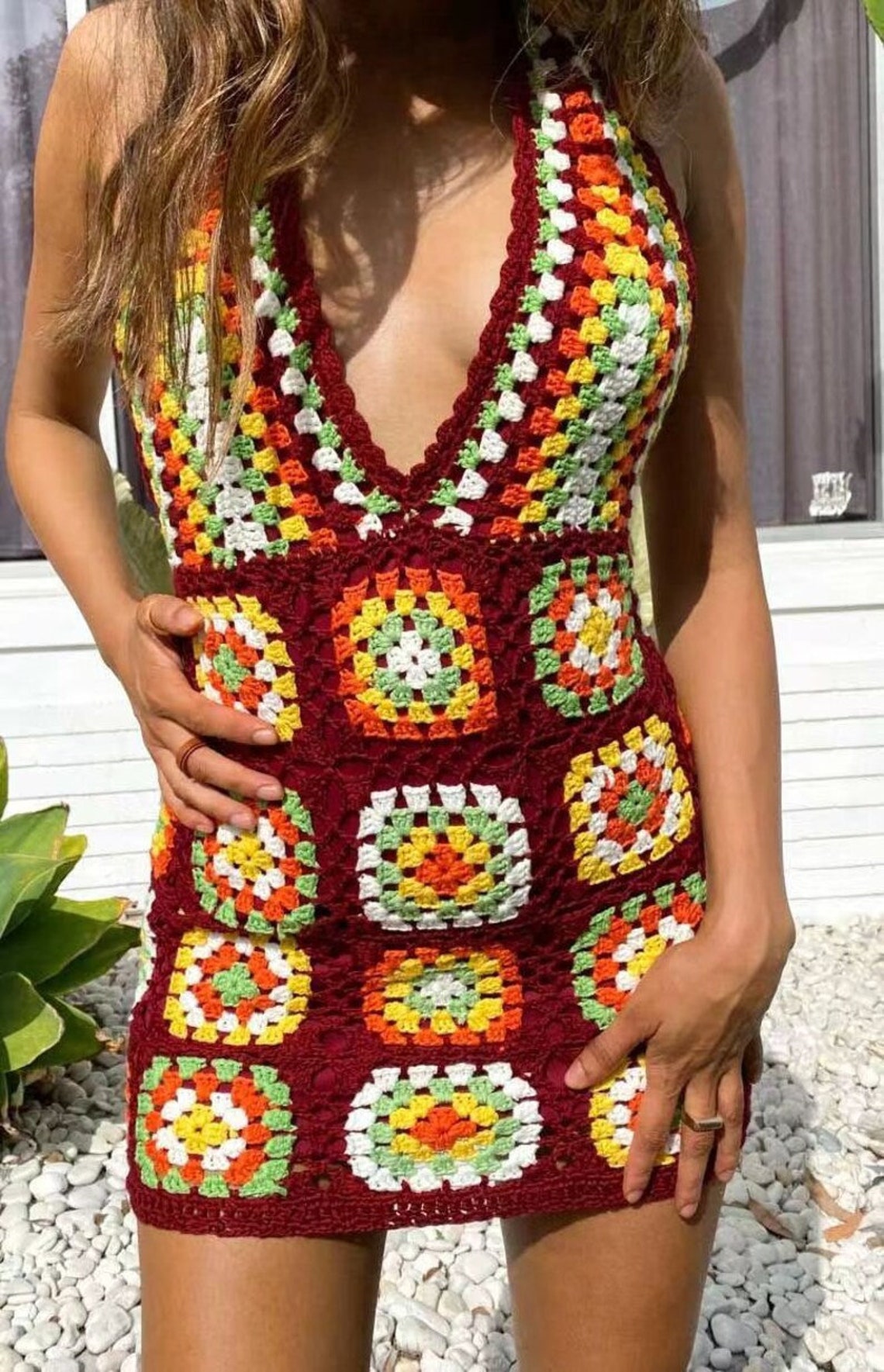 Hand Crochet Vintage Style Dress Beach Colorful Dress Granny - Etsy