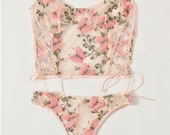 Sexy mesh lingerie set, Plus size embriodery pink 2 piece lingerie set, Corset type top and thongs set