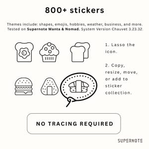 Peut inclure: Image avec le texte "800+ autocollants" et des exemples de motifs d'autocollants, notamment des aliments et des formes. Des instructions sur l'utilisation des autocollants sont &eacute;galement incluses. Le texte "NO TRACING REQUIRED" est &eacute;galement pr&eacute;sent.