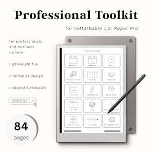May include: A digital planner titled "Professional Toolkit" for reMarkable tablets. The image shows a tablet with a stylus, displaying a grid of planning tools. The text includes "for professionals and business owners" and "84 pages."
