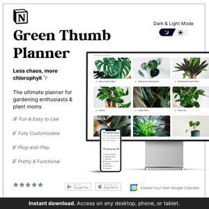 Op de afbeelding: Een digitale planner genaamd "Green Thumb Planner" met een donkere en lichte modus optie. De planner is ontworpen voor tuinliefhebbers en plantenliefhebbers, met een desktop- en mobiele weergave met verschillende plantensoorten. De tekst bevat "Fun & Easy to Use" en "Fully Customizable."