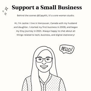 May include: Illustration with the text "Support a Small Business." A line drawing of a woman wearing glasses and a dotted shirt is featured. A speech bubble says "HELLO!" The text also mentions the Etsy shop @CapyKit.
