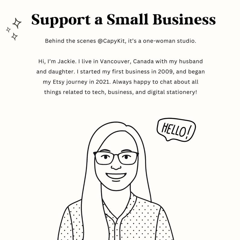 May include: Illustration with the text "Support a Small Business." A line drawing of a woman wearing glasses and a dotted shirt is featured. A speech bubble says "HELLO!" The text also mentions the Etsy shop @CapyKit.