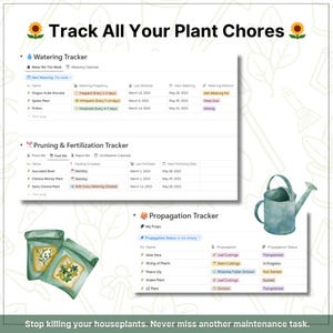 May include: A digital planner page with plant care trackers, including watering, pruning, and propagation schedules. The image features a watering can, seed packets, and the text "Track All Your Plant Chores". The bottom text reads, "Stop killing your houseplants. Never miss another maintenance task."