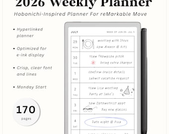 Planificador semanal 2026 para reMarkable Move / Inspirado en Hobonichi Weeks / Inicio en lunes / Totalmente enlazado