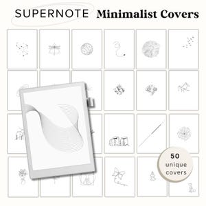 Puede incluir: Una colección de diseños de portadas minimalistas, cada uno con un dibujo lineal negro único sobre un fondo blanco. La imagen incluye una tableta con un diseño similar y el texto "SUPERNOTE Minimalist Covers" y "50 unique covers."