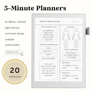 Può includere: Un pianificatore digitale dal design minimalista, con una sezione di riflessione sulla salute. Il pianificatore include sezioni per la gratitudine, i sintomi e le affermazioni. L'immagine mostra anche un pulsante "Download" e un badge con "20 modelli".