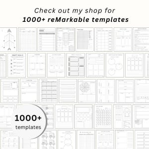 May include: A collection of printable templates for the reMarkable tablet, displayed in a grid. The templates include various planning and organizational sheets, with the text "Check out my shop for 1000+ reMarkable templates" at the top and "1000+ templates" in a circle at the bottom.