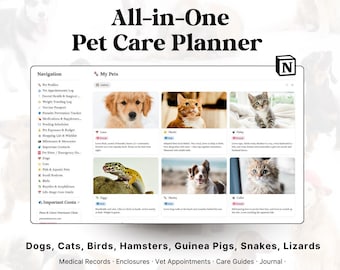 Pet Care Planner Notion Template| Dog Cat Reptile Fish Bird Tracker, Pet Health Dashboard, Vet Records, Multi Pet Organizer Digital Planner