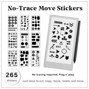 No Trace 265-stickers voor reMarkable Paper Pro Move | Zwart-witte pictogrammen | Lasso om te kopiëren, verplaatsen en formaat wijzigen | Voor tijdschriften, planners en bedrijven