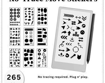 Pegatinas No Trace 265 para reMarkable Paper Pro Move / Iconos en blanco y negro / Lazo para copiar, mover, redimensionar / Para diarios, agendas, negocios