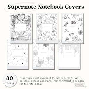 Puede incluir: Una colección de cubiertas de cuadernos Supernote con varios diseños, incluyendo mapas del mundo, patrones florales y formas geométricas. La imagen muestra 80 cubiertas y el texto "Supernote Notebook Covers". El texto también menciona un paquete variado para trabajo, escuela y más.