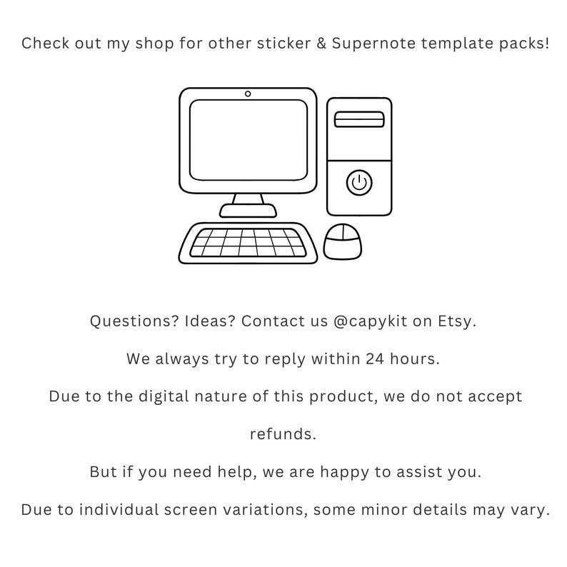 Peut inclure: Illustration en noir et blanc d'un ordinateur avec &eacute;cran, clavier, souris et unit&eacute; centrale. Le texte comprend des informations sur la boutique et les coordonn&eacute;es de @capykit sur Etsy.