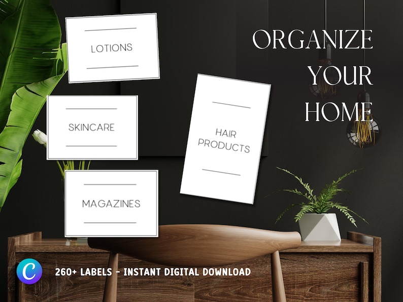 Op de afbeelding: Afbeelding met witte labels met de woorden "LOTIONS", "SKINCARE", "MAGAZINES" en "HAIR PRODUCTS" op een donkere achtergrond. De tekst "ORGANIZE YOUR HOME" wordt weergegeven in een stijlvol lettertype. De afbeelding bevat ook de tekst "260+ LABELS - INSTANT DIGITAL DOWNLOAD".