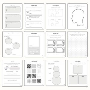 May include: A collection of twelve white and gray printable worksheets with various prompts and exercises. The pages feature diagrams, fill-in-the-blank sections, and illustrations, designed for self-reflection and mental wellness.
