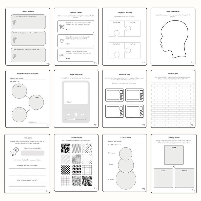 May include: A collection of twelve white and gray printable worksheets with various prompts and exercises. The pages feature diagrams, fill-in-the-blank sections, and illustrations, designed for self-reflection and mental wellness.