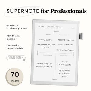 May include: A digital planner titled "SUPERNOTE for Professionals" with a minimalist design. The image shows a quarterly business planner with an impact effort matrix, 70 pages, and the option to download. The planner is undated and customizable.