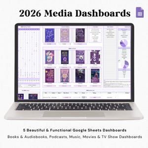 Könnte beinhalten: Ein Laptop mit einem Google Sheets-Dashboard mit der Aufschrift "2026 Media Dashboards". Der Bildschirm zeigt Buchcover und Diagramme. Darunter steht "5 Beautiful & Functional Google Sheets Dashboards."