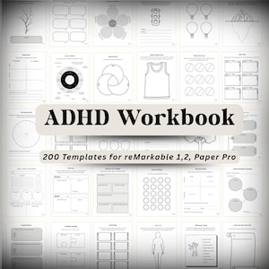 Puede incluir: Un cuaderno de trabajo digital para el TDAH con 200 plantillas para reMarkable 1, 2 y Paper Pro. La portada muestra el título "ADHD Workbook". Las páginas contienen varios diagramas y herramientas de organización.