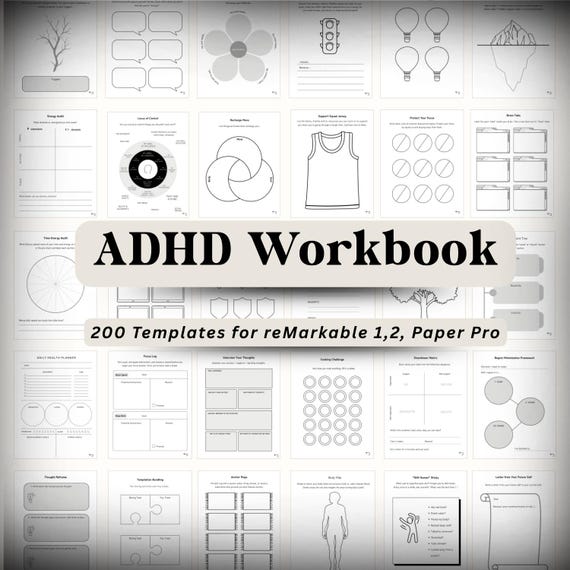 200 ADHD Templates for reMarkable 1, 2, Paper Pro | ADHD Workbook | Based on ADHD Science | + Printable Version