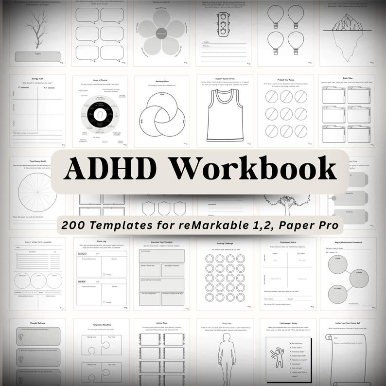 May include: A digital ADHD workbook with 200 templates for reMarkable 1, 2, and Paper Pro. The cover features the title "ADHD Workbook" in a bold font. The pages contain various diagrams and organizational tools.