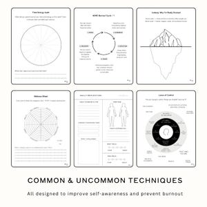 May include: A set of six white paper worksheets with black text and diagrams. The worksheets cover topics like time-energy audits, ADHD burnout cycles, and locus of control. The text at the bottom reads "COMMON & UNCOMMON TECHNIQUES".