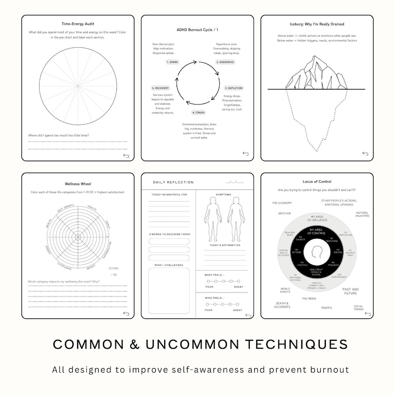 May include: A set of six white paper worksheets with black text and diagrams. The worksheets cover topics like time-energy audits, ADHD burnout cycles, and locus of control. The text at the bottom reads "COMMON & UNCOMMON TECHNIQUES".